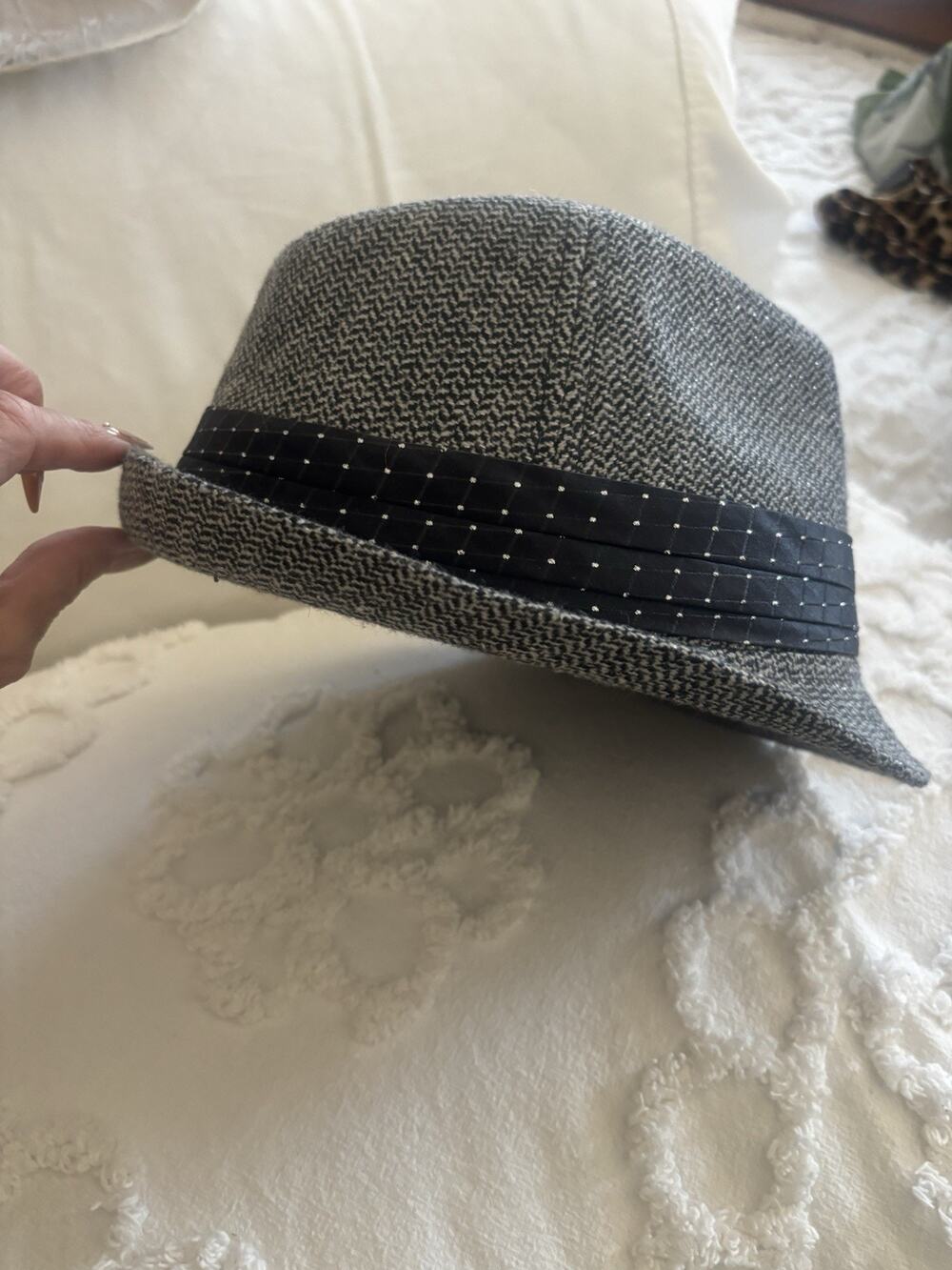 Fedora Hat Vintage. Grey And Black Tweed Material With Black Trim/ Band. Sharp!